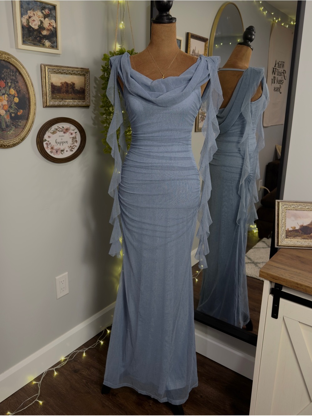 Blue Ruched Draped Maxi Dress